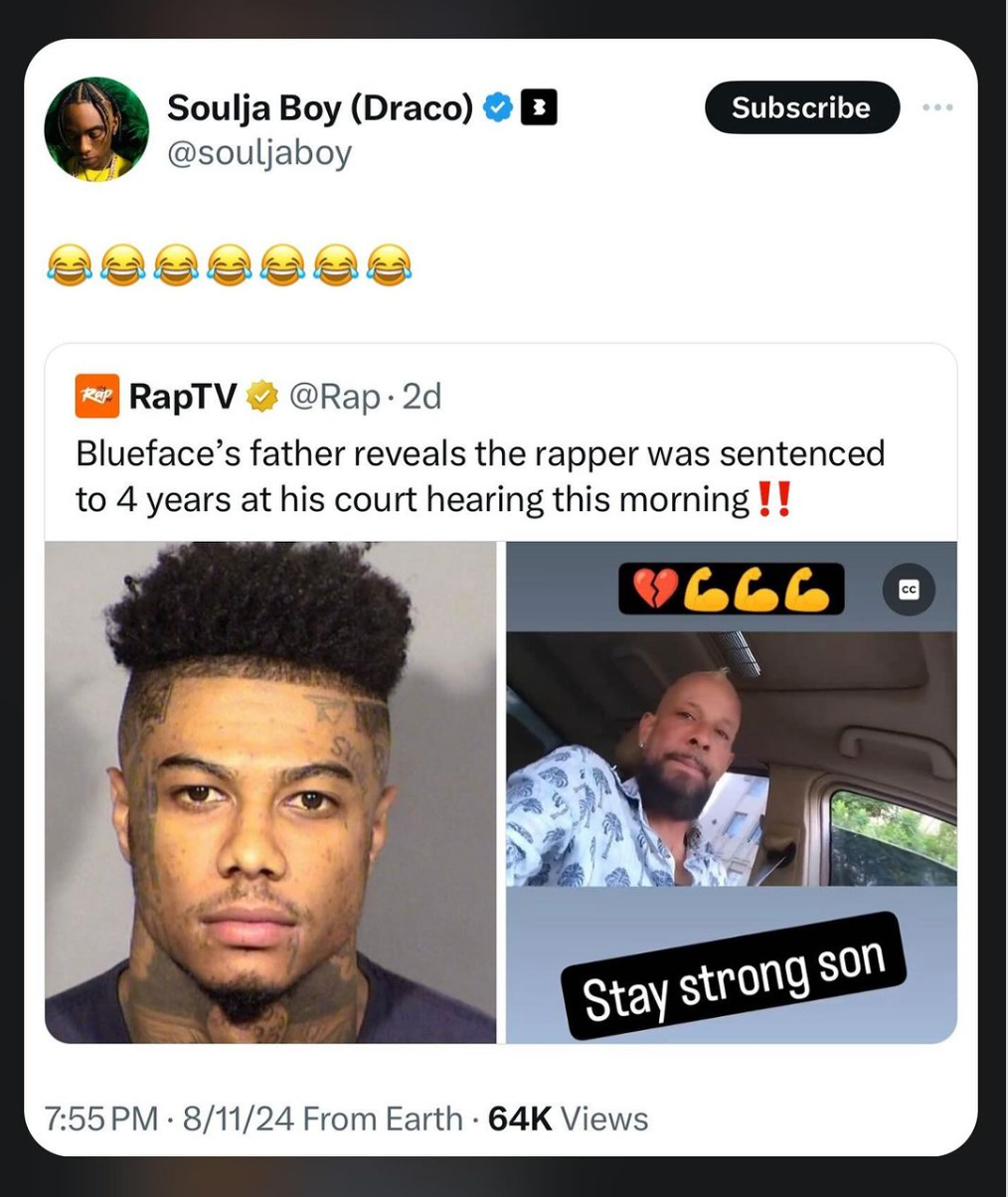 Soulja Boy Reacts To Blueface’s Being Sentenced To 4 Years In Prison & Trolls Chrisean Rock’s Mugshot