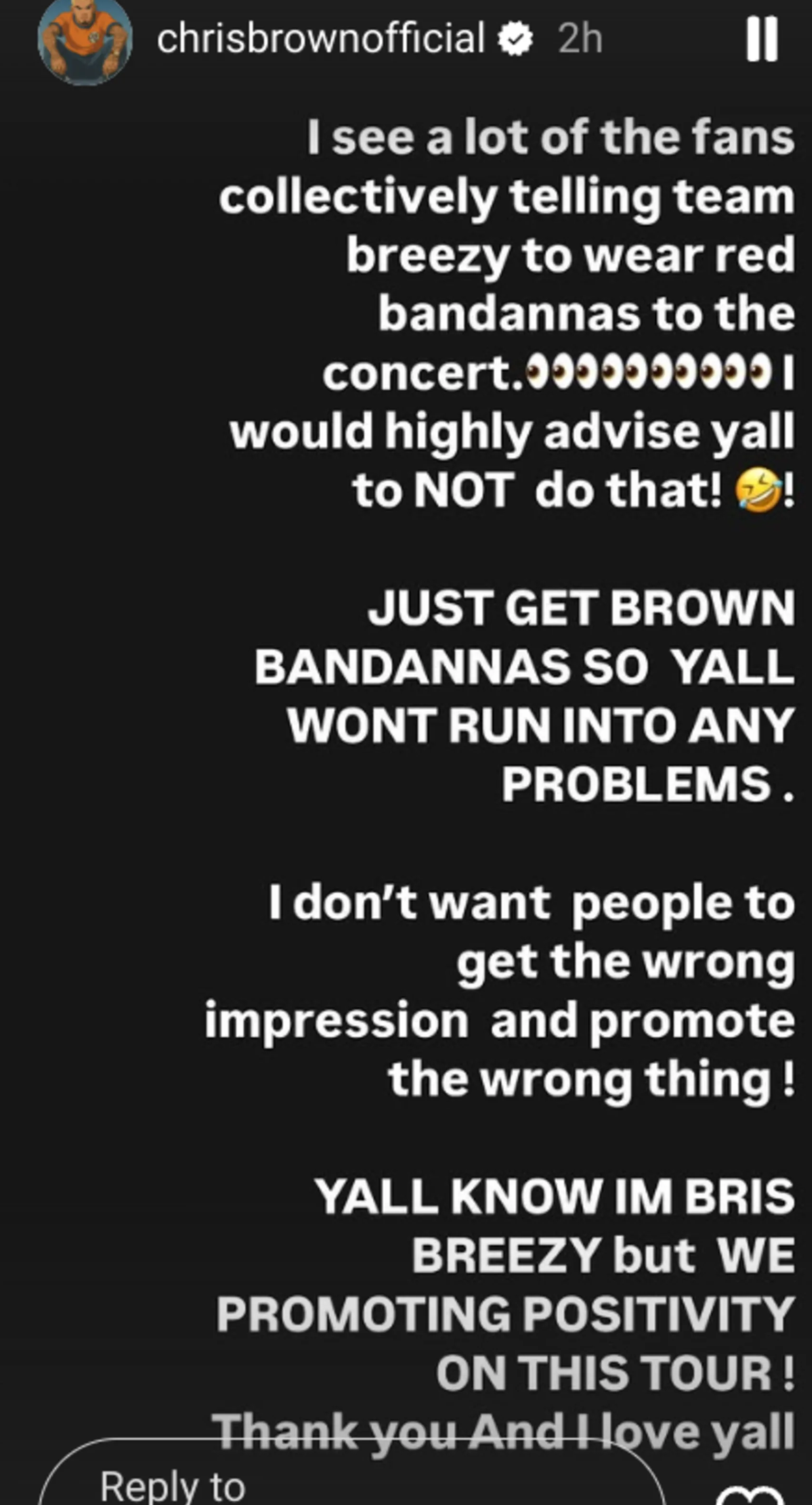 Chris Brown Warns Fans Not To Wear Red Bandanas At His Upcoming Tour
